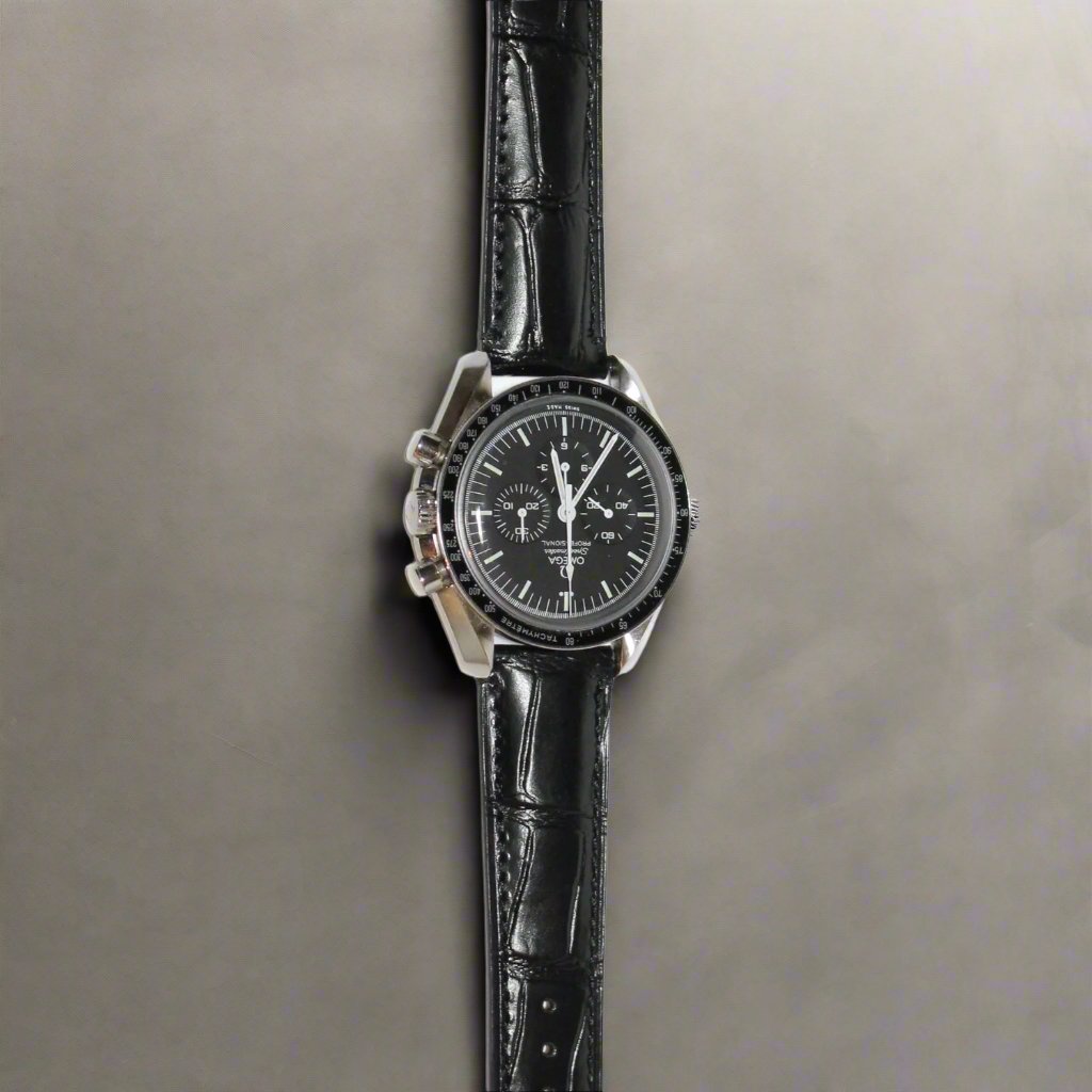 Cambridge Handmade Alligator Grain Leather Watch Strap in Black on a watch