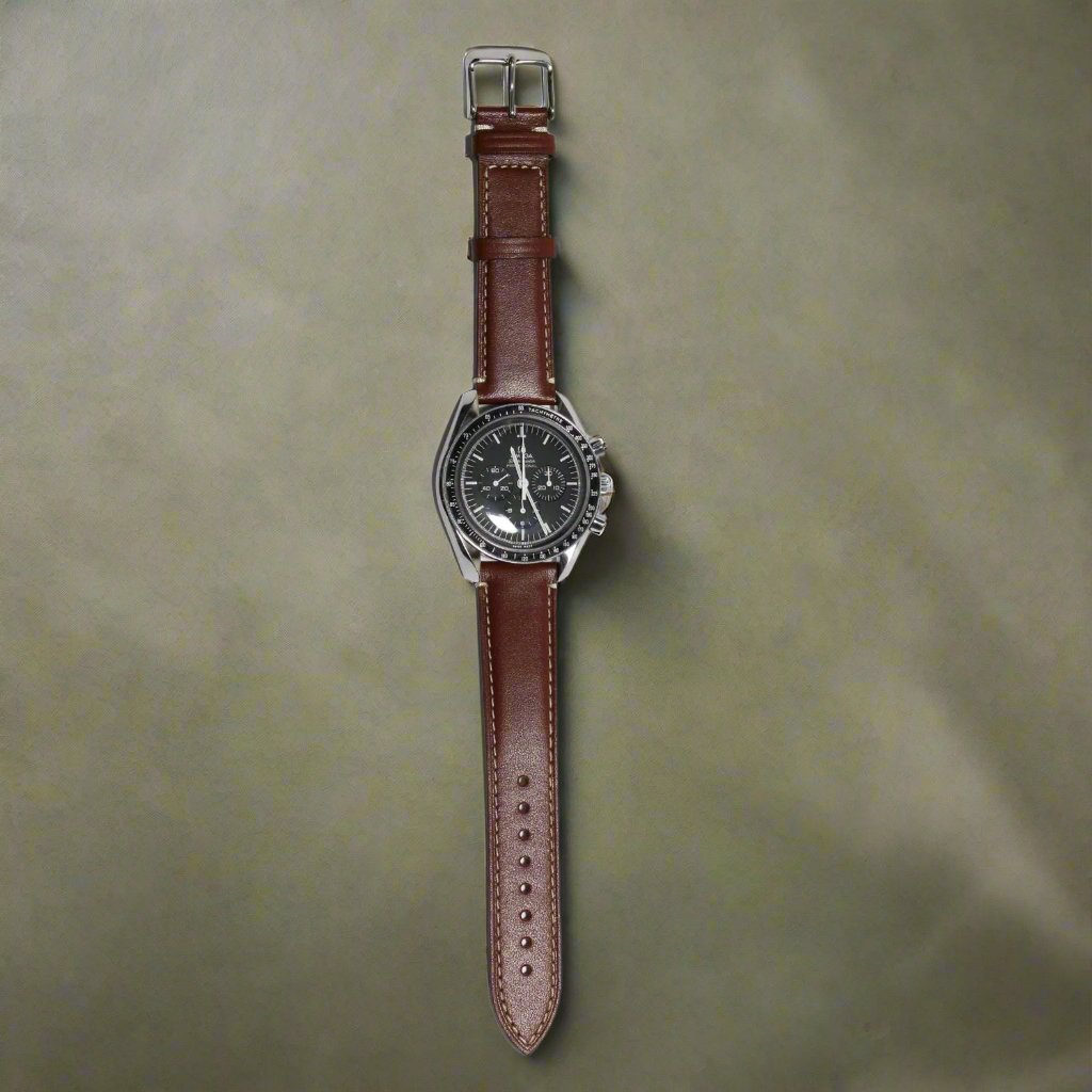 Marlow Handmade Italian Leather Watch Strap in Brown - Contrasting Stitch - fitted to a watch