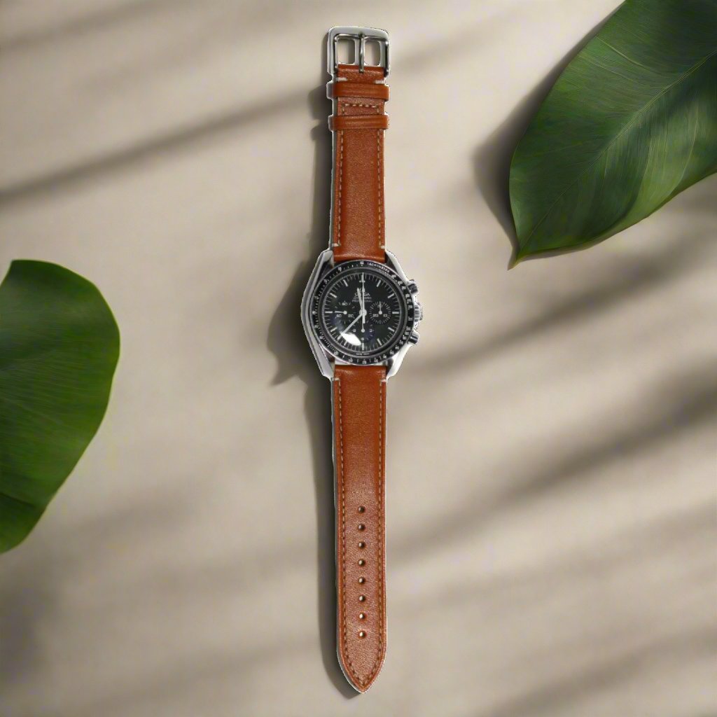 Marlow Handmade Italian Leather Watch Strap in Tan - Contrasting Stitch - fitted to a watch