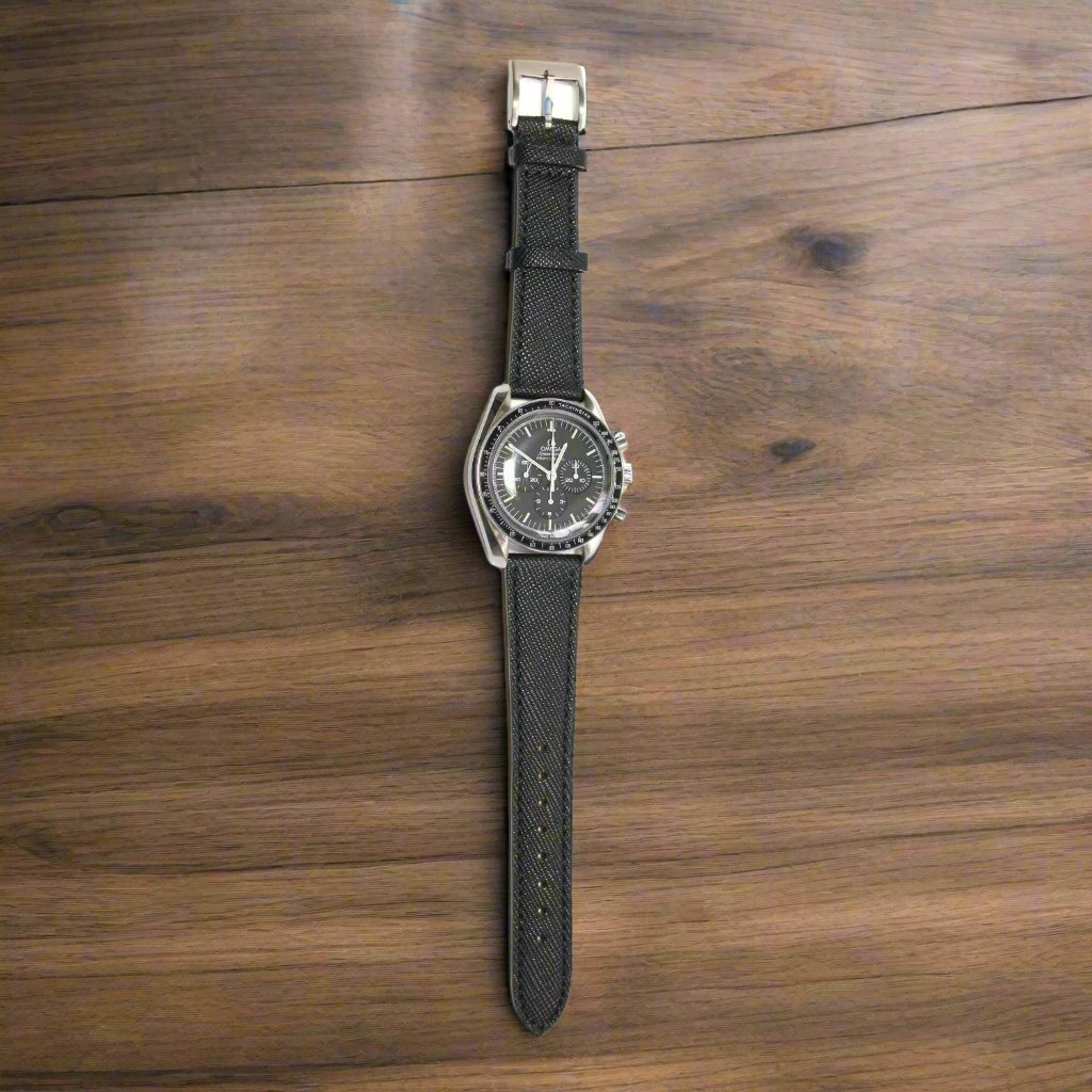 TSL Henley Saffiano Leather Watch Strap in Black on a watch