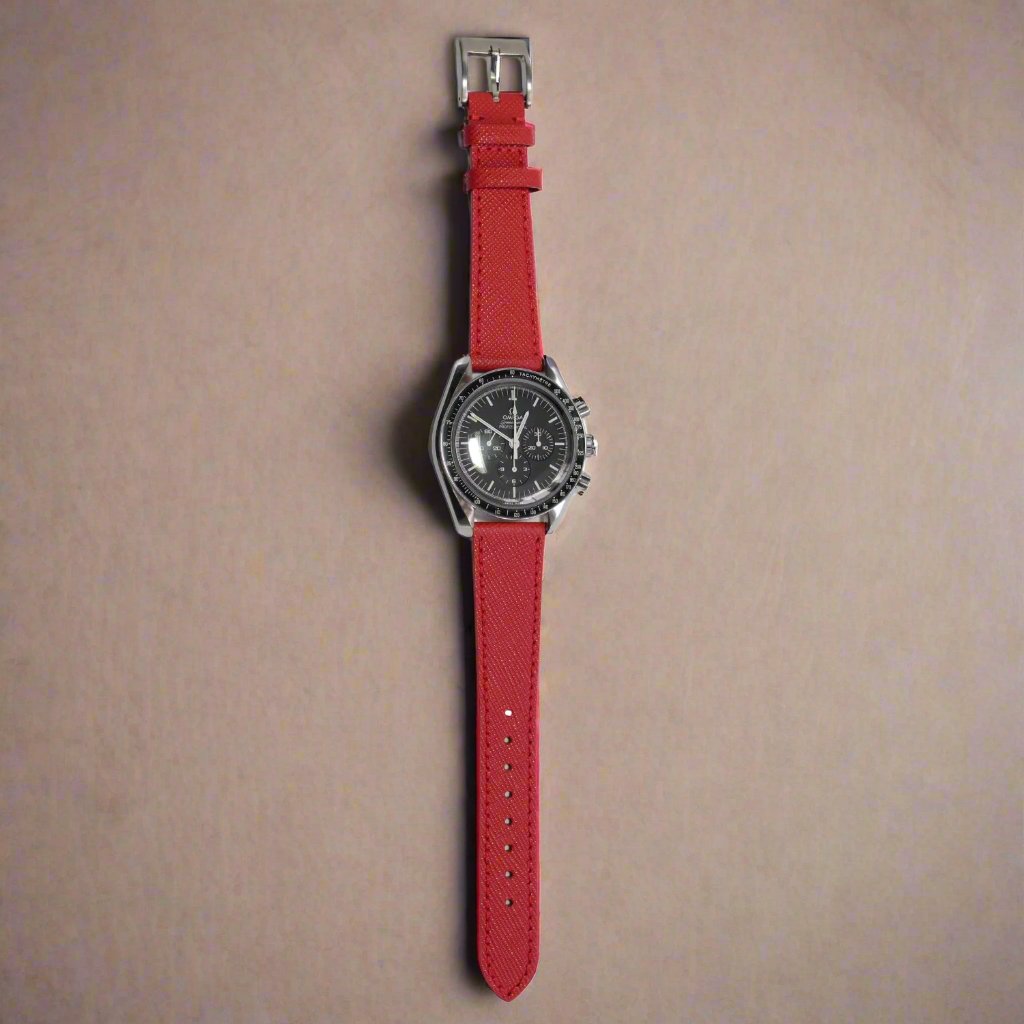 TSL Henley Saffiano Leather Watch Strap in Red on a watch