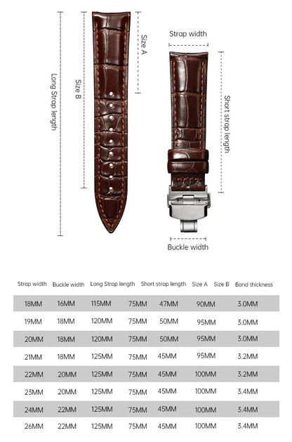 Embossed Italian Alligator Leather Watch Strap Size Chart