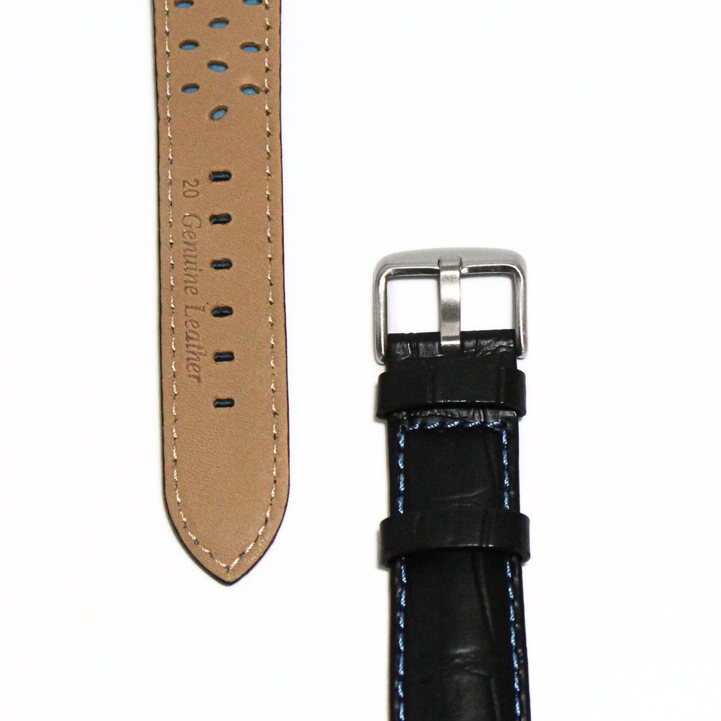 Anubis Black Embossed Crocodile Watch Strap - Blue Stitching - closeup