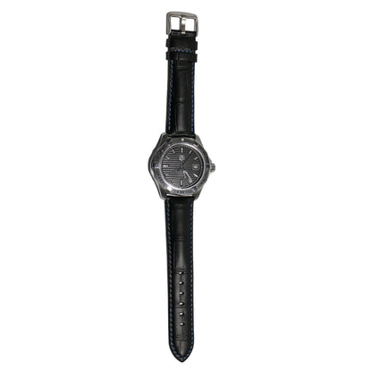 Anubis Black Embossed Crocodile Watch Strap - Blue Stitching - fitted to a watch