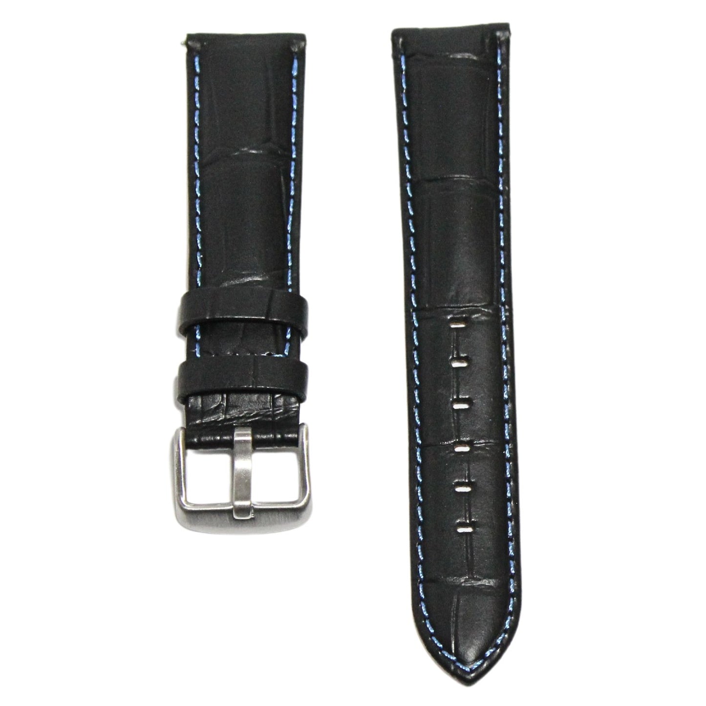 Anubis Black Embossed Crocodile Watch Strap - Blue Stitching - front