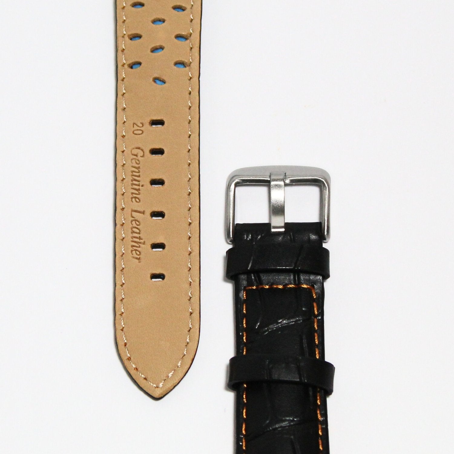 Anubis Black Embossed Crocodile Watch Strap - Orange Stitching - closeup