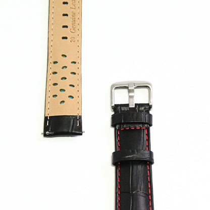 Anubis Black Embossed Crocodile Watch Strap - Red Stitching - closeup