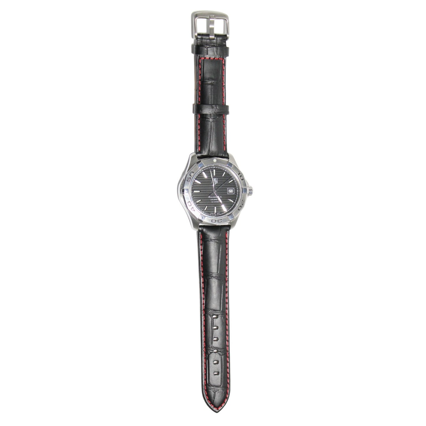 Anubis Black Embossed Crocodile Watch Strap - Red Stitching - fitted to a watch