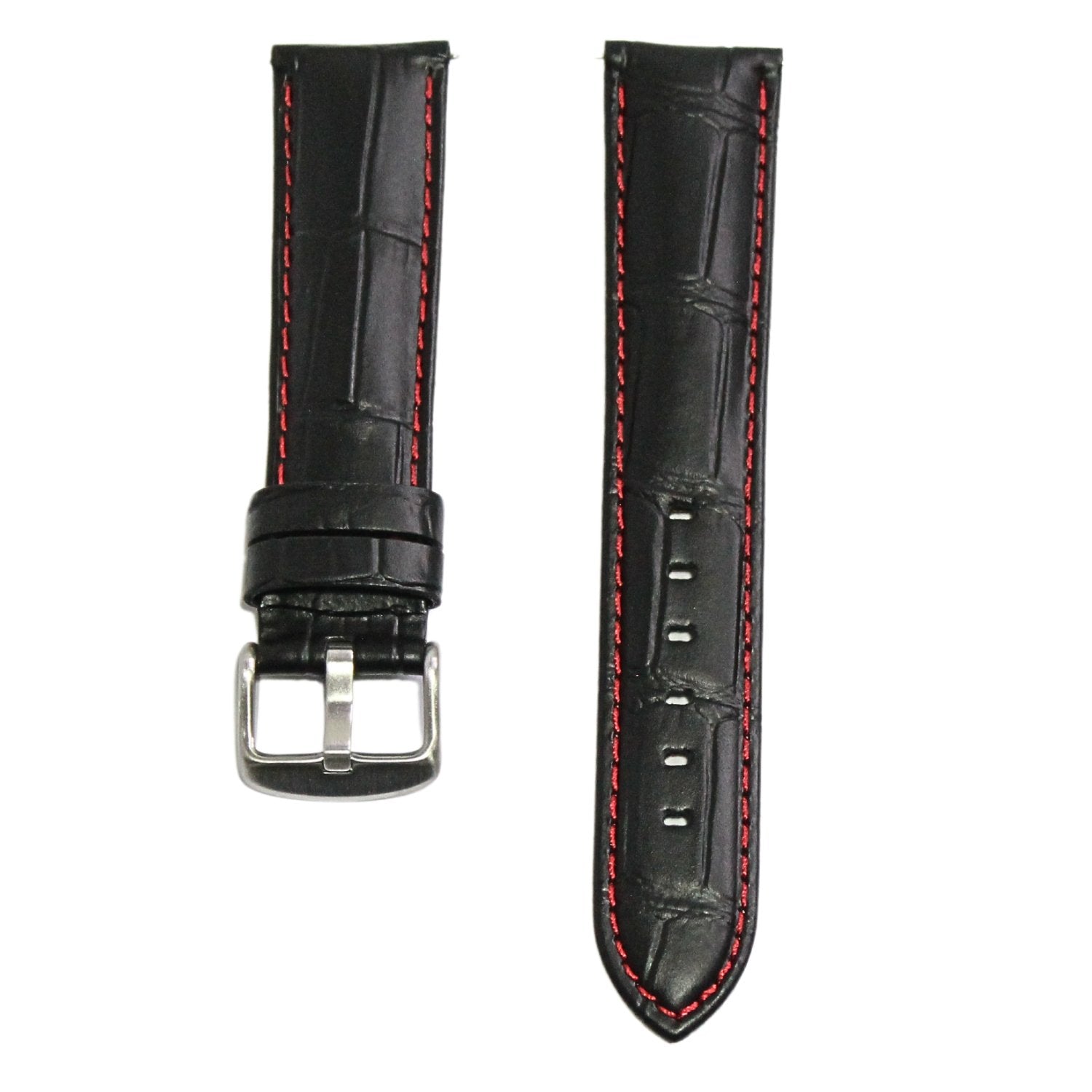 Anubis Black Embossed Crocodile Watch Strap - Red Stitching - front