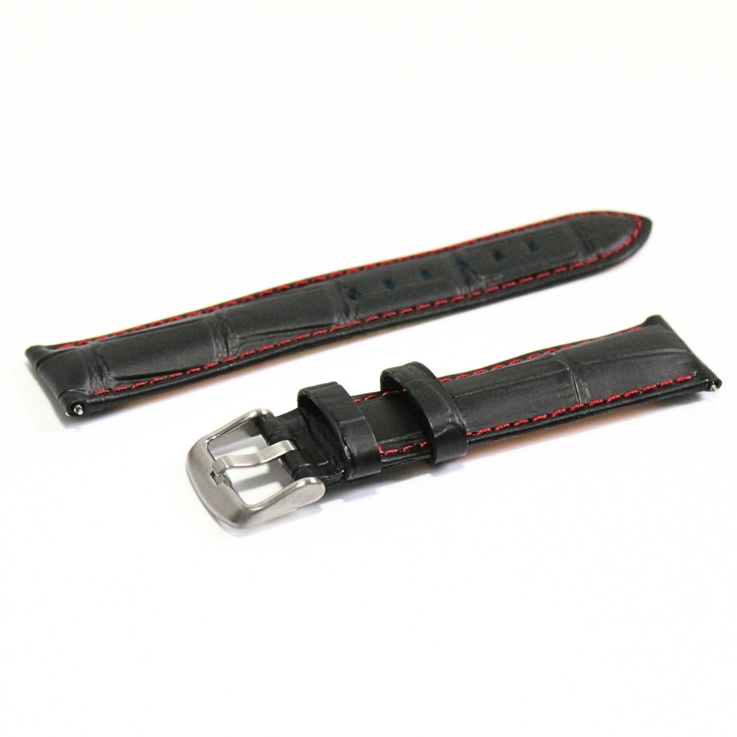 Anubis Black Embossed Crocodile Watch Strap - Red Stitching - oblique