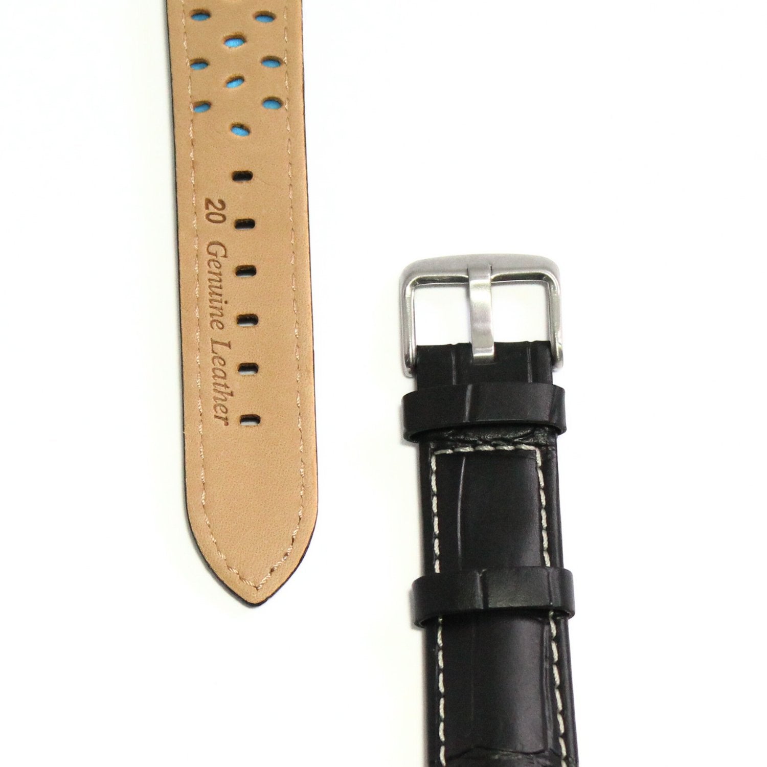 Anubis Black Embossed Crocodile Watch Strap - White Stitching - closeup