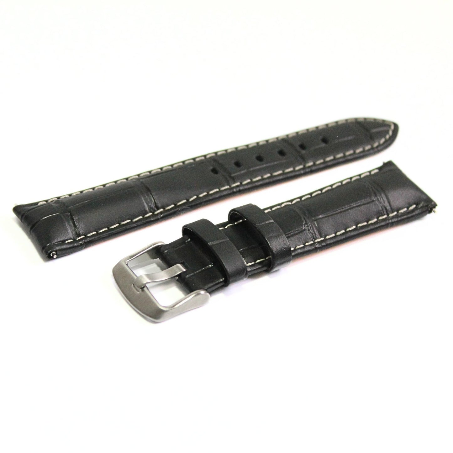 Anubis Black Embossed Crocodile Watch Strap - White Stitching - oblique