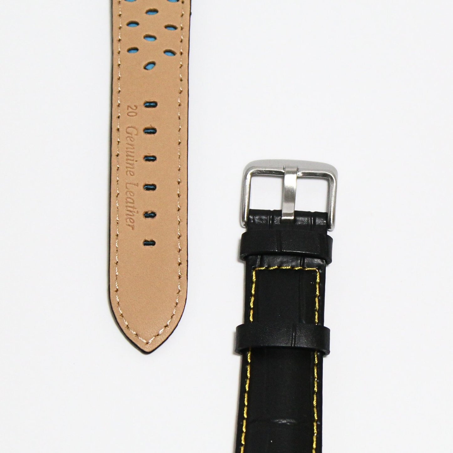 Anubis Black Embossed Crocodile Watch Strap - Yellow Stitching - closeup