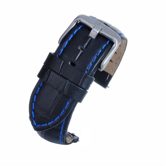 TSL Anubis Black Embossed Crocodile Watch Strap - Blue Stitching