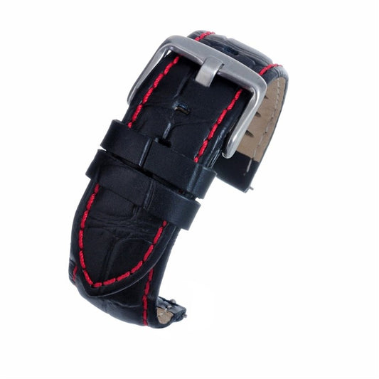 TSL Anubis Black Embossed Crocodile Watch Strap - Red Stitching