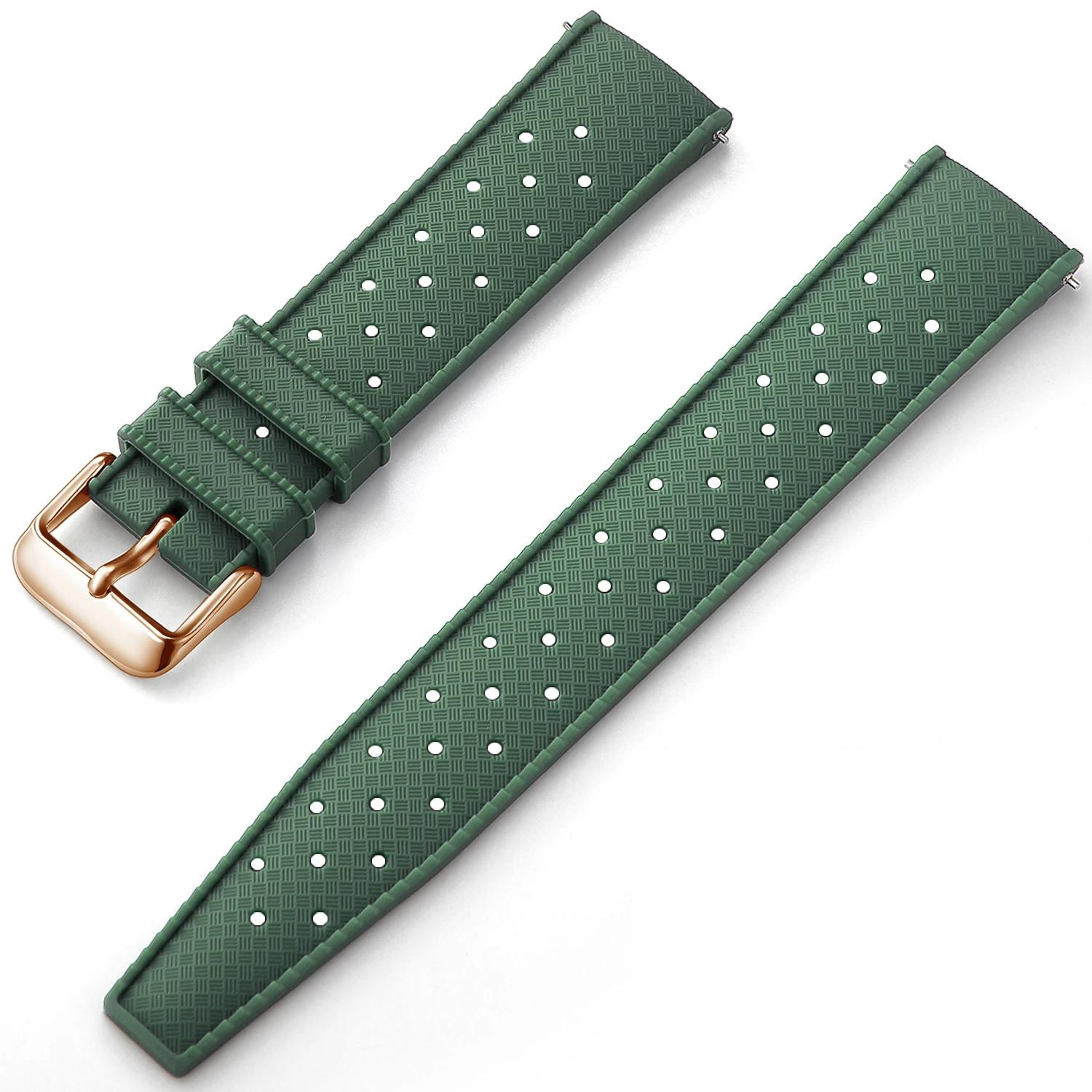 Army Green Tropical Silicone Rubber Watch Strap - Rose Gold Buckle