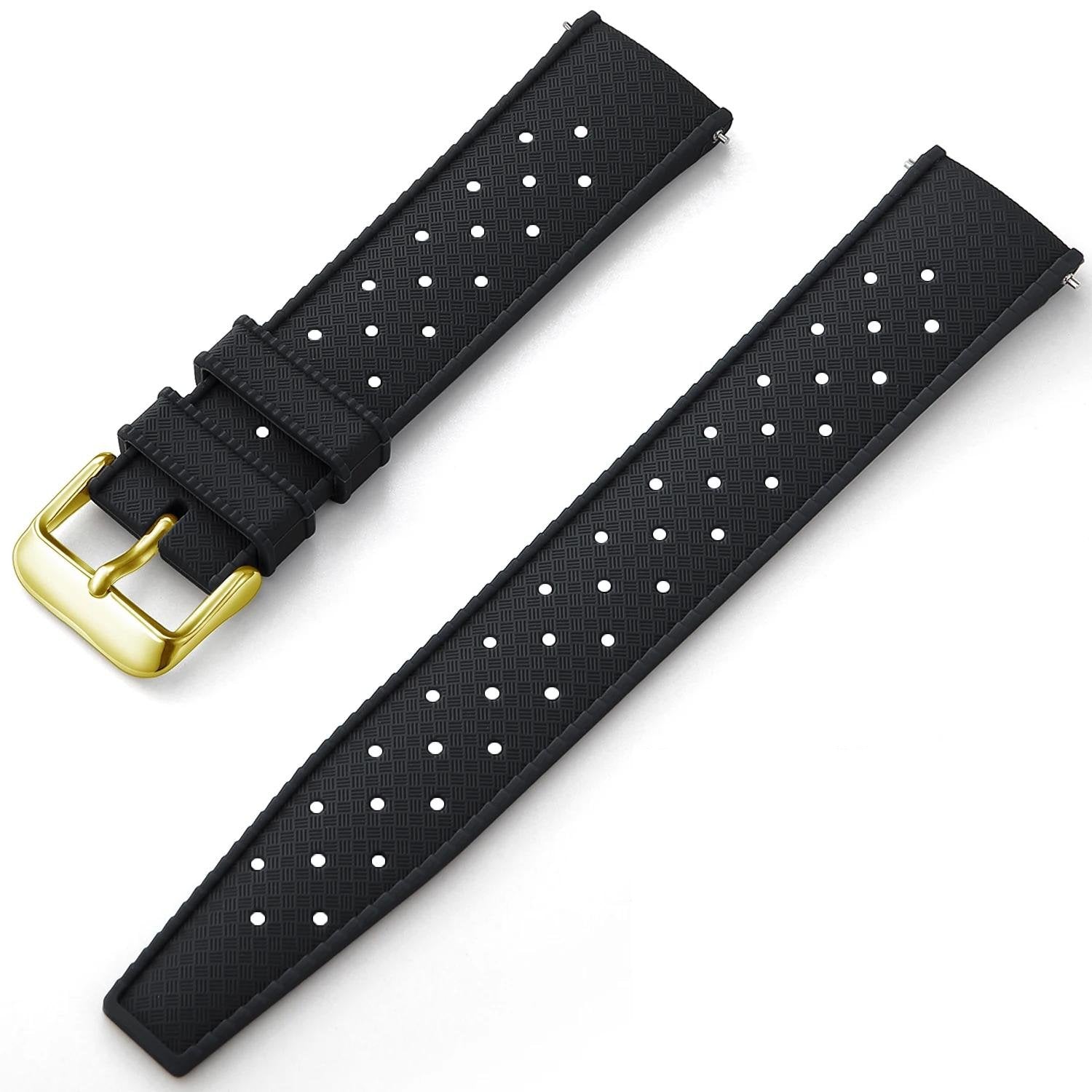 Black Tropical Silicone Rubber Watch Strap - Gold Buckle