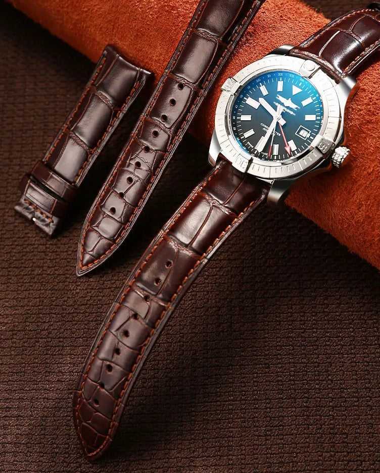 Embossed Italian Alligator Leather Watch Strap in Brown on a Breitling watch