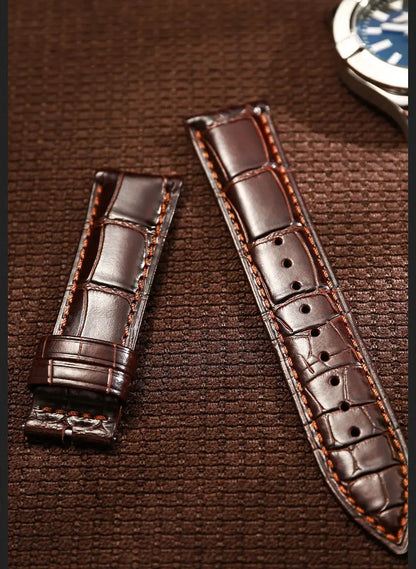 Embossed Italian Alligator Leather Watch Strap in Brown - flat overhead view