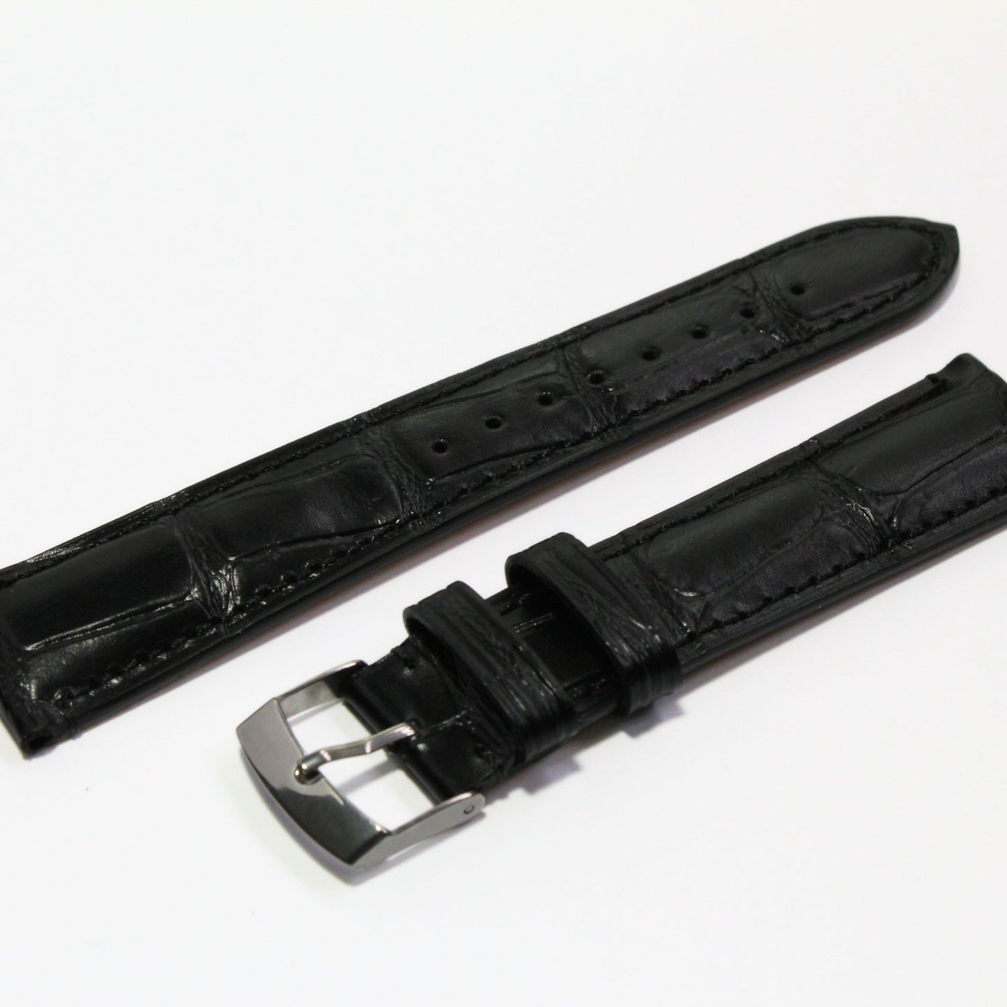 Cambridge Handmade Alligator Grain Leather Watch Strap in Black oblique view