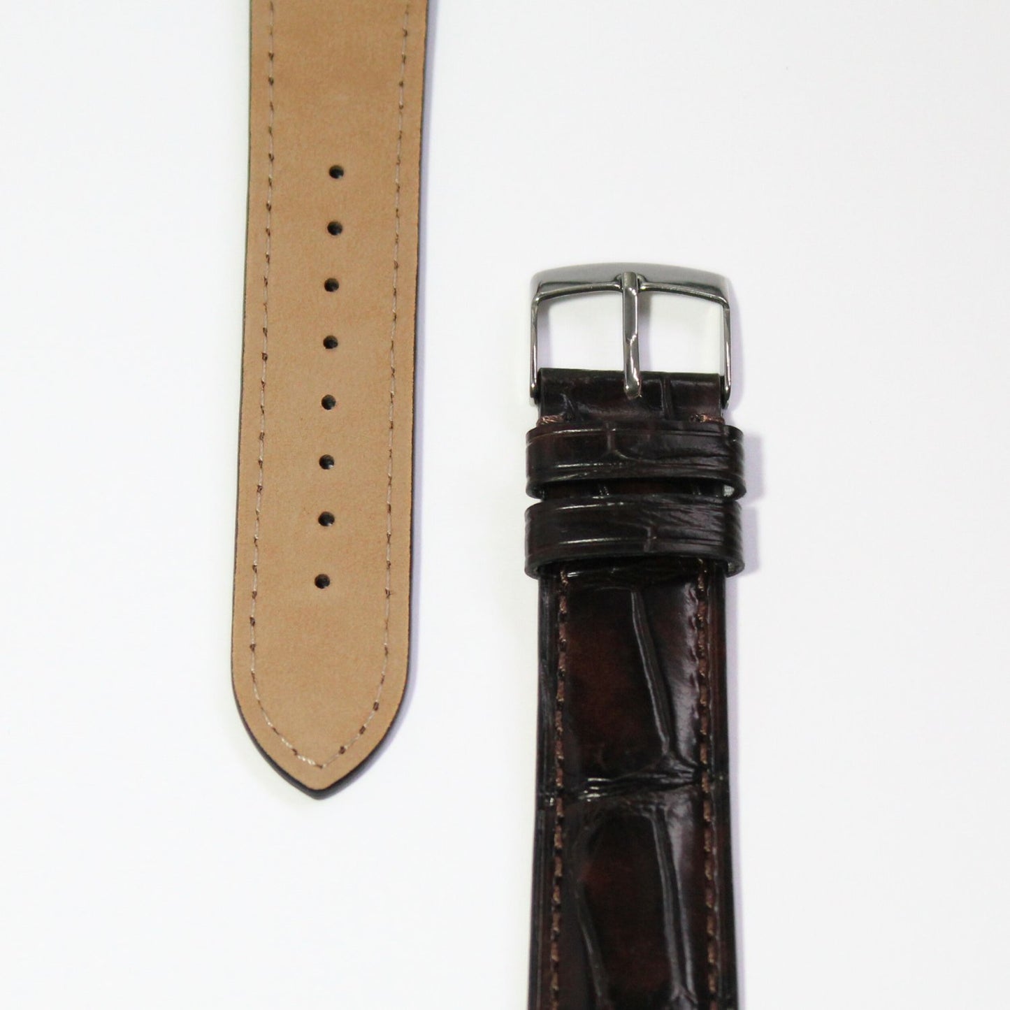 Cambridge Handmade Alligator Grain Leather Watch Strap in Brown closeup view