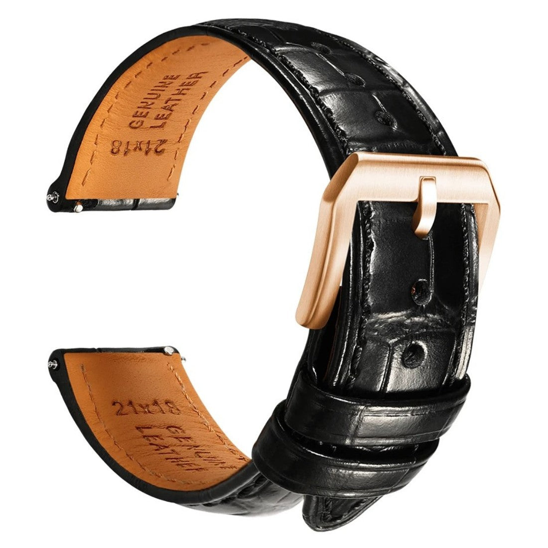 Embossed Italian Alligator Leather Watch Strap in Black - Quick Release - Rose Gold Buckle