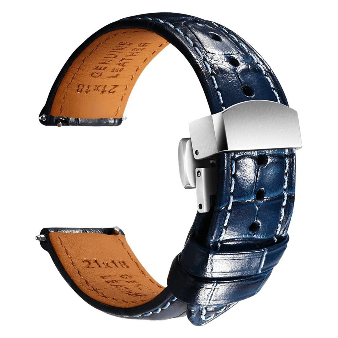 Embossed Italian Alligator Leather Watch Strap in Blue - Quick Release - Butterfly Clasp