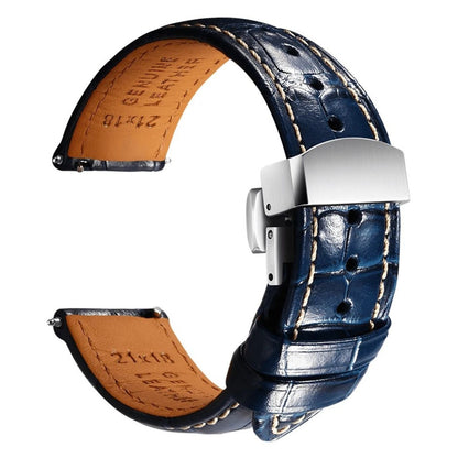 Embossed Italian Alligator Leather Watch Strap in Blue - Contrast Stitching - Quick Release - Butterfly Clasp