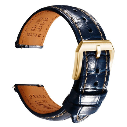 Embossed Italian Alligator Leather Watch Strap in Blue - Contrast Stitching - Quick Release - Gold Buckle