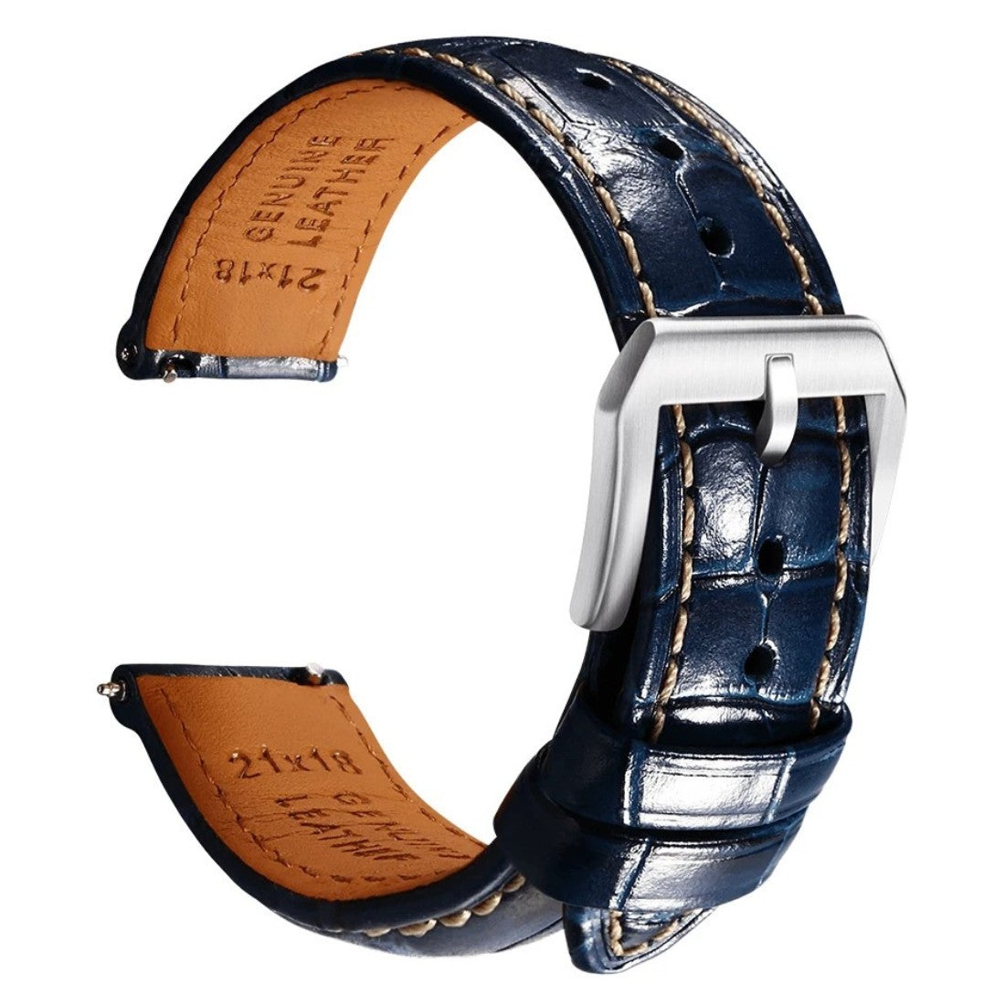 Embossed Italian Alligator Leather Watch Strap in Blue - Contrast Stitching - Quick Release - Silver Buckle