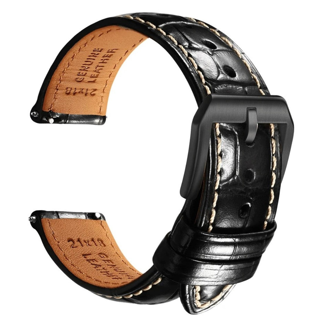 Embossed Italian Alligator Leather WatchStrap in Black - Contrast Stitch - Quick Release - Black Buckle