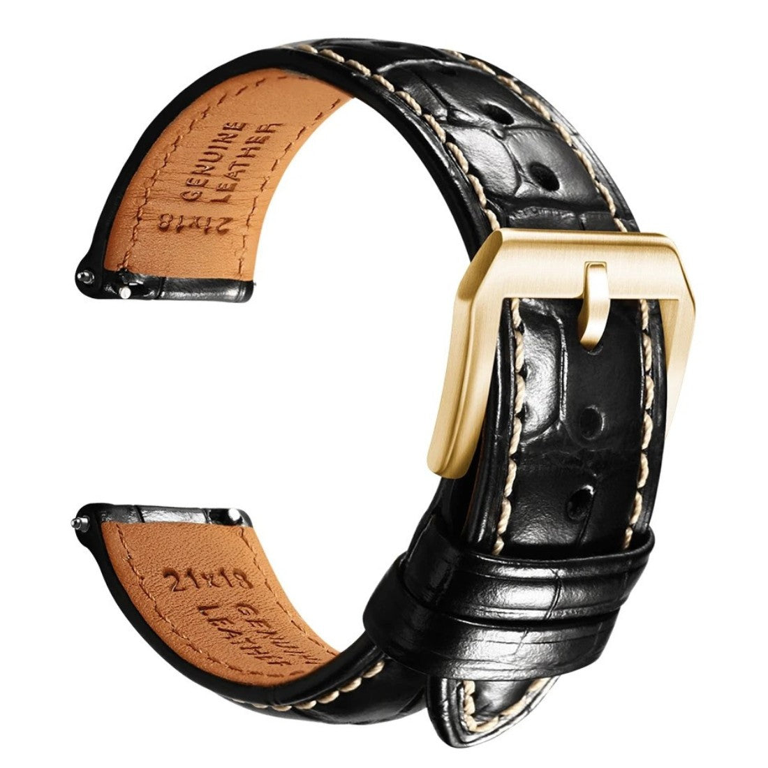 Embossed Italian Alligator Leather WatchStrap in Black - Contrast Stitch - Quick Release - Gold Buckle