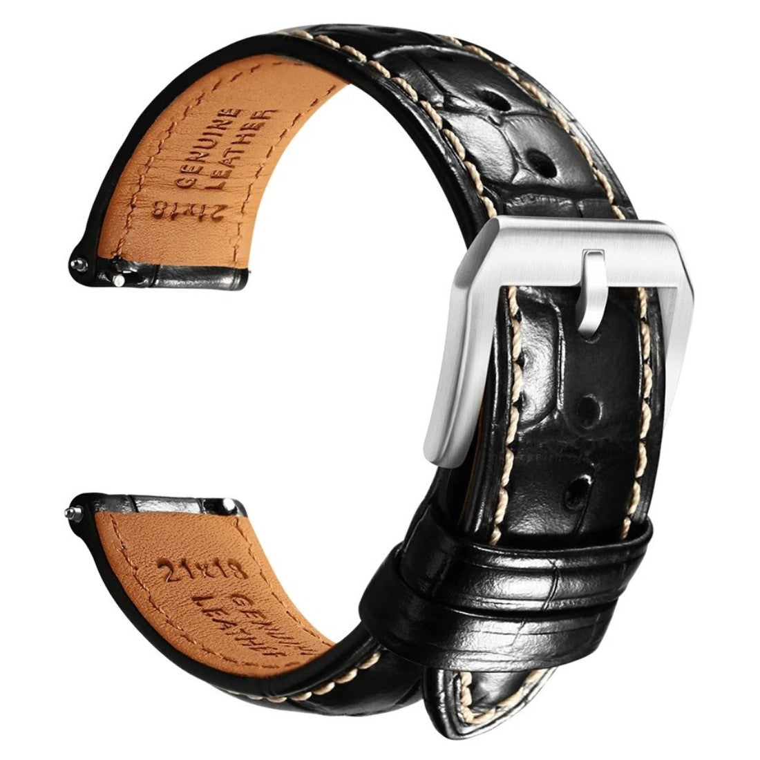 Embossed Italian Alligator Leather WatchStrap in Black - Contrast Stitch - Quick Release - Silver Buckle