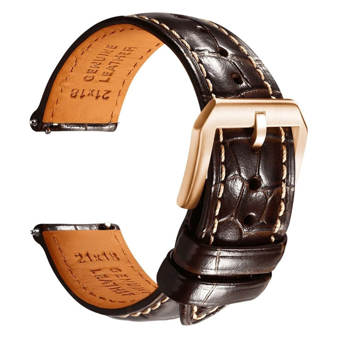 Embossed Italian Alligator Leather Watch Strap in Brown - Contrast Stitch - Quick Release - Rose Gold Buckle