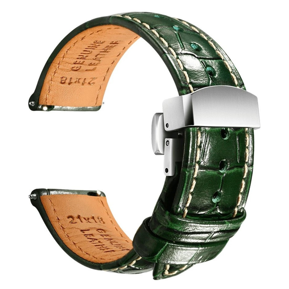 Embossed Italian Alligator Leather Watch Strap in Green - Contrast Stitch - Quick Release - Butterfly Clasp