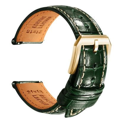 Embossed Italian Alligator Leather Watch Strap in Green - Contrast Stitch - Quick Release - Gold Buckle