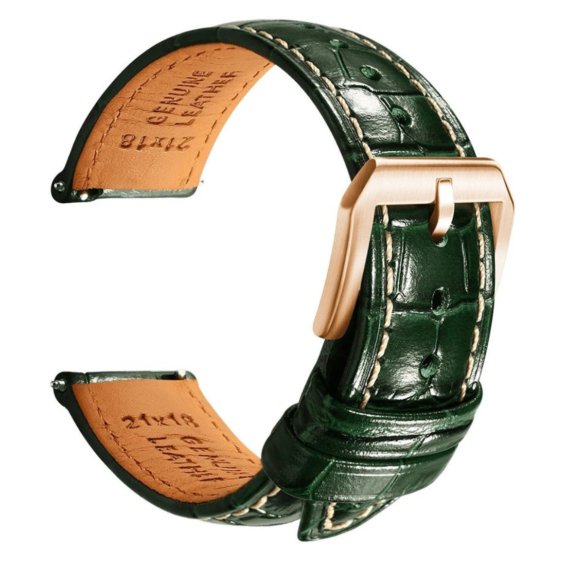 Embossed Italian Alligator Leather Watch Strap in Green - Contrast Stitch - Quick Release - Rose Gold Buckle