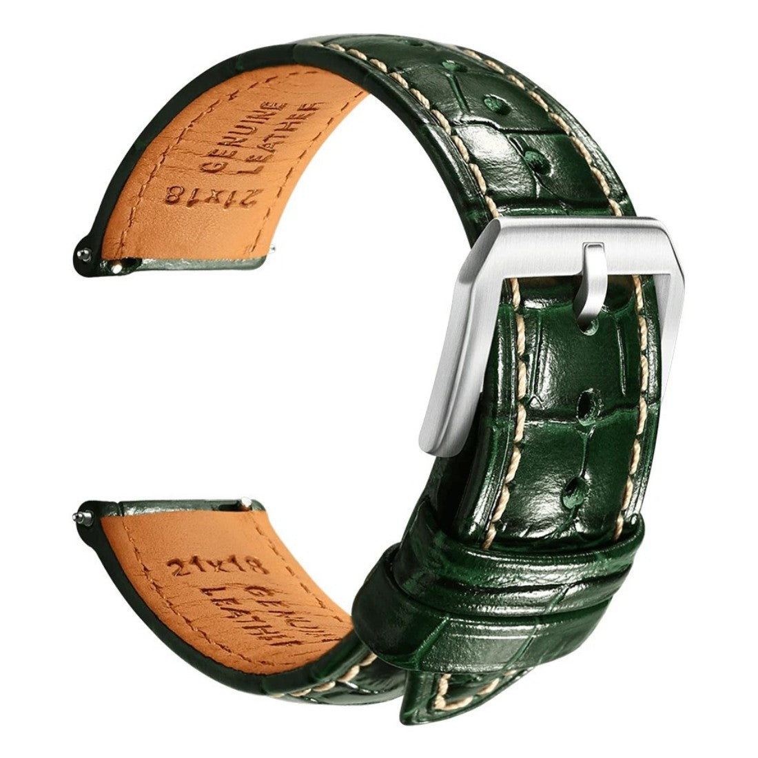 Embossed Italian Alligator Leather Watch Strap in Green - Contrast Stitch - Quick Release - Silver Buckle