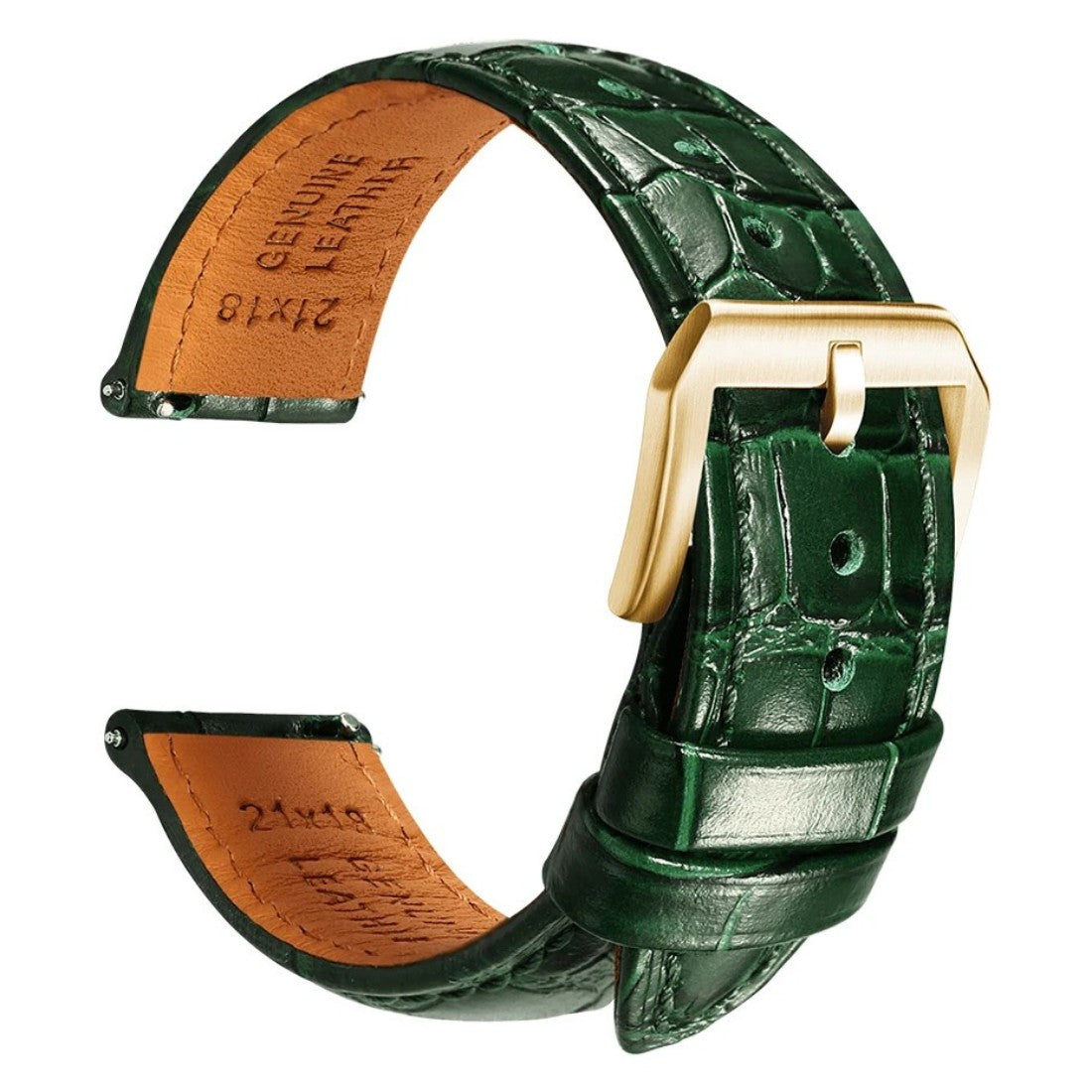 Embossed Italian Alligator Leather Watch Strap in Green - Quick Release - Gold Buckle