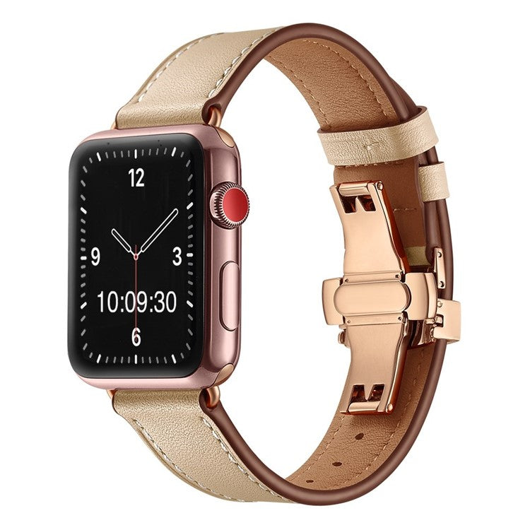 The London: Premium Leather Apple Watch Strap in Beige - Contrast Stitch - Rose Gold Clasp