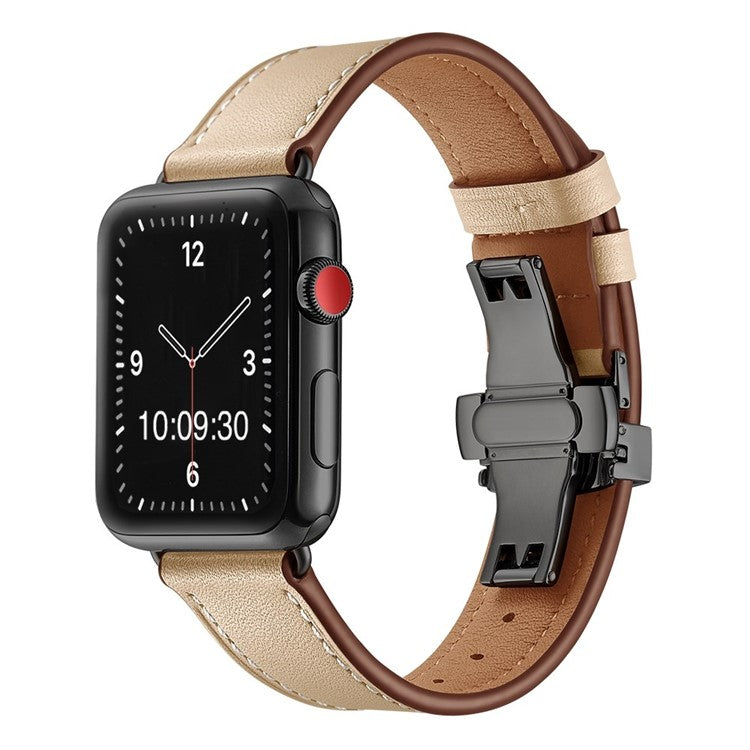 The London: Premium Leather Apple Watch Strap in Beige - Contrast Stitch - Black Clasp