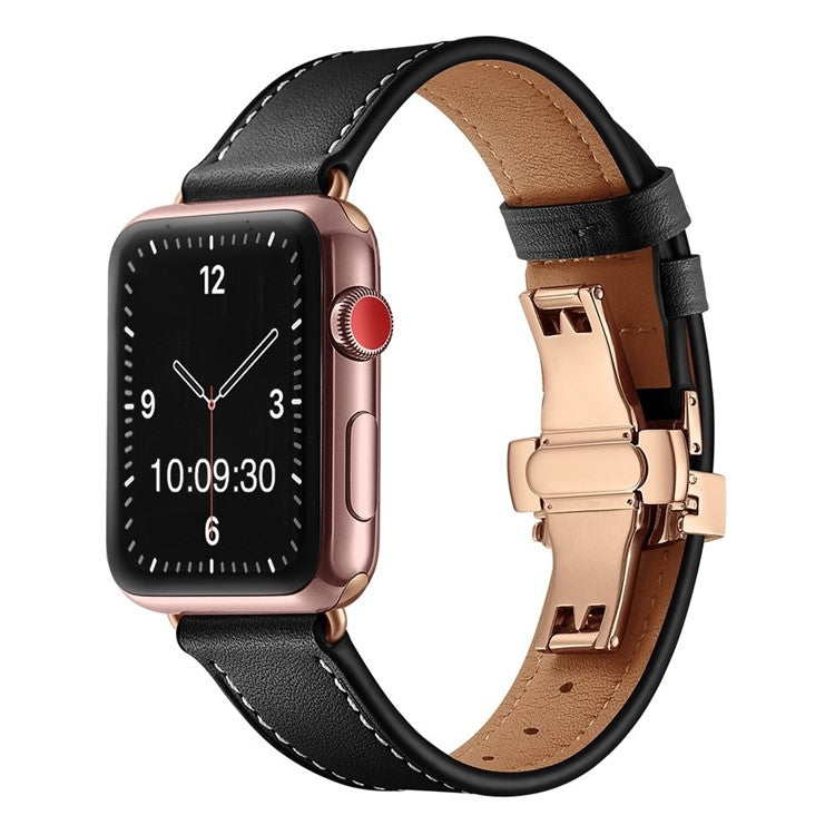 The London: Premium Leather Apple Watch Strap in Black - Contrast Stitch - Rose Gold Buckle