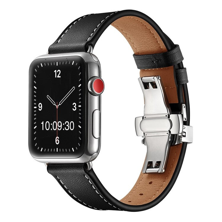 The London: Premium Leather Apple Watch Strap in Black - Contrast Stitch - Silver Buckle