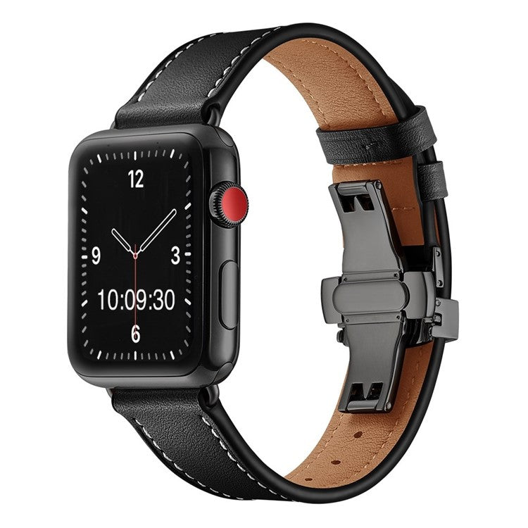 The London: Premium Leather Apple Watch Strap in Black - Contrast Stitch - Black Buckle