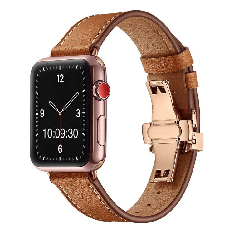 The London: Premium Leather Apple Watch Strap in Brown - Contrast Stitch - Rose Gold Clasp