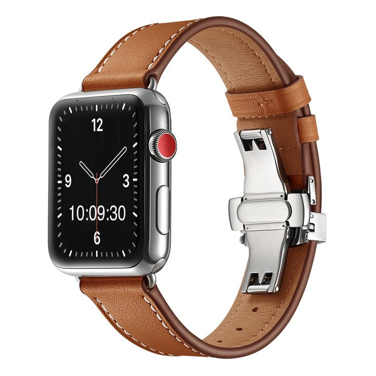 The London: Premium Leather Apple Watch Strap in Brown - Contrast Stitch - Silver Clasp