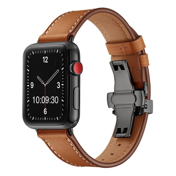 The London: Premium Leather Apple Watch Strap in Brown - Contrast Stitch - Black Clasp