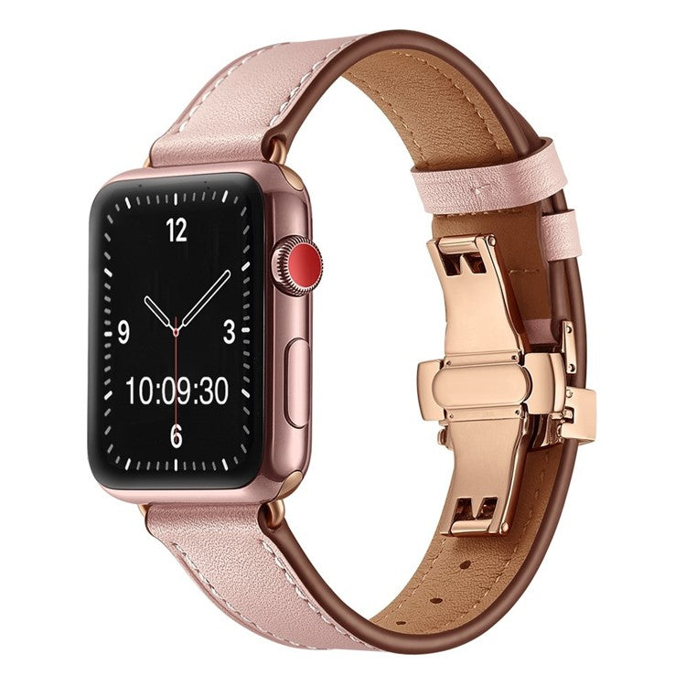 The London: Premium Leather Apple Watch Strap in Pink - Contrast Stitch - Rose Gold Buckle