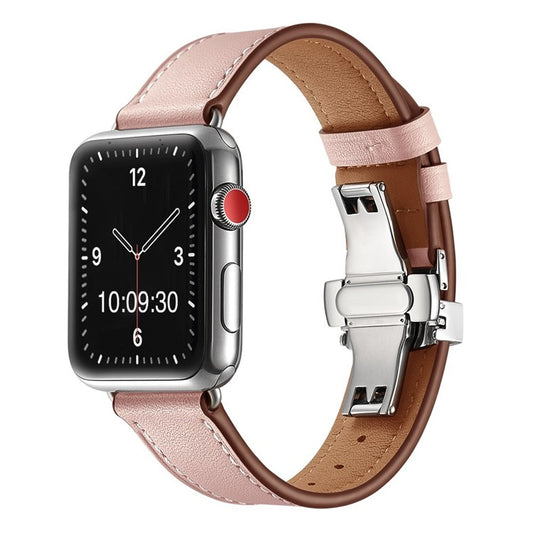 The London: Premium Leather Apple Watch Strap in Pink - Contrast Stitch - Silver Buckle