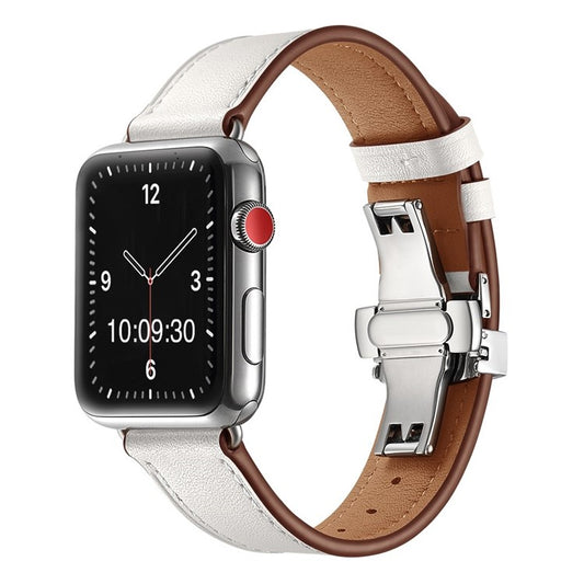 The London: Premium Leather Apple Watch Strap in White - Contrast Stitch - Silver Buckle